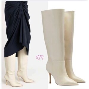 LARROUDE Kate Brazilian‎ Leather Ivory Knee High Stiletto Boots Size 9